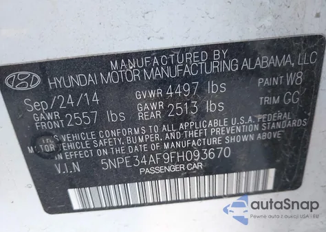 2015 Hyundai Sonata Sport z USA, uszkodzony, nr VIN 5NPE34AF9FH093670